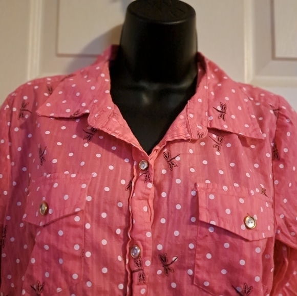 Karen Scott Button up polka Dot- dragonfly print blouse 3/4 sleeve size Medium - Picture 2 of 7